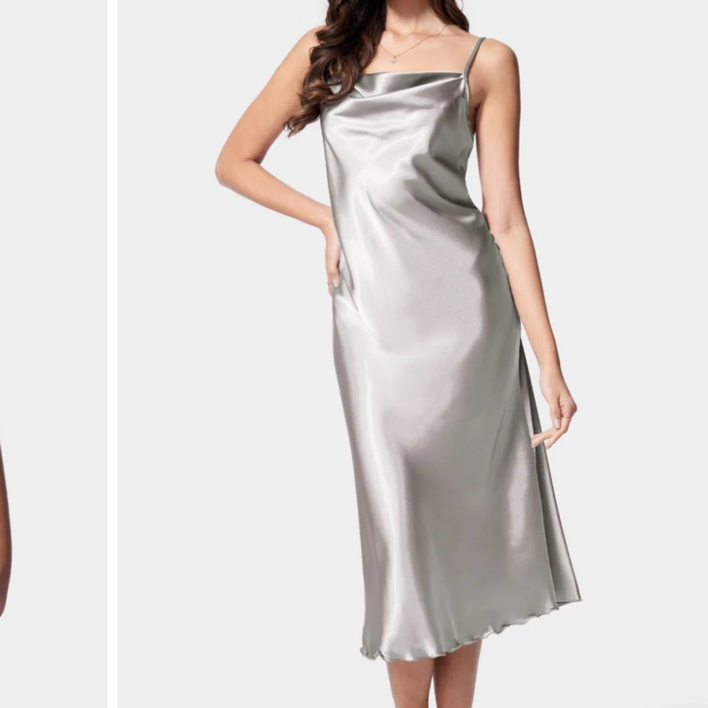 bebe Silver Satin Midi Dress